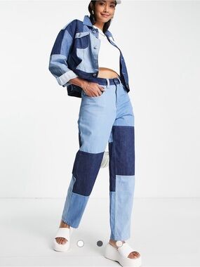 EUC French Connection Patchwork Light Dark Blue Straight Relaxed Jeans size 10